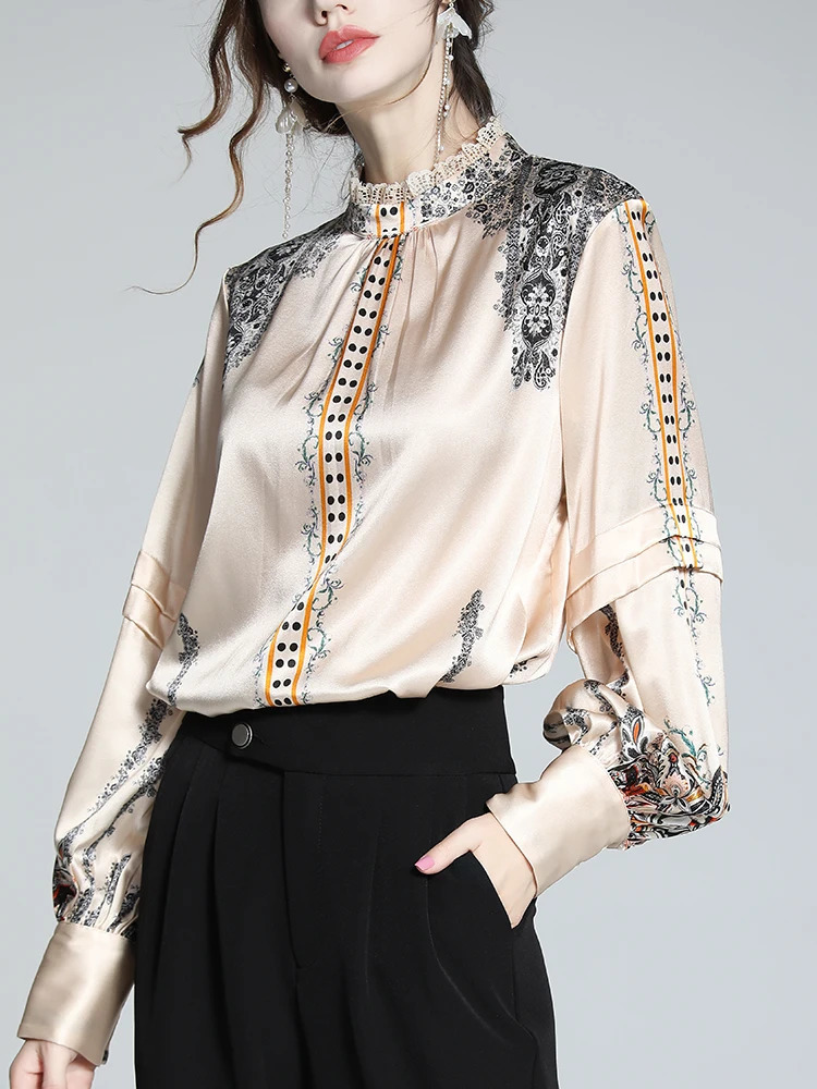 EVNISI French Printed Woman Blouse Silk Satin Shirt Elegant Loose Lantern Sleeve Office Ladies Spring Autumn Pullover Tops 240315
