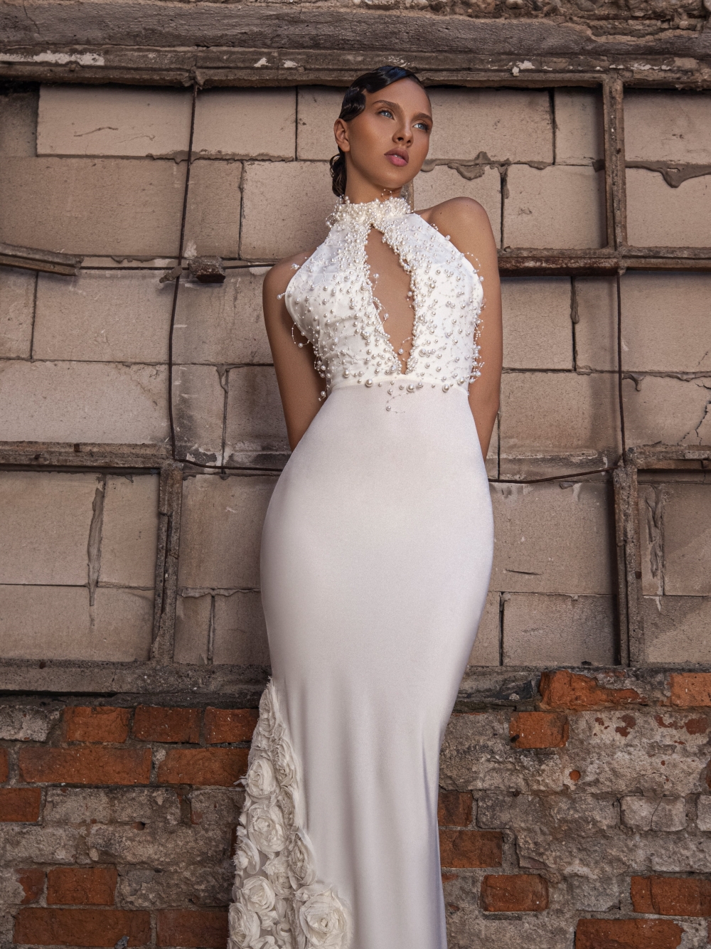 Pearls Mermaid Exquisite Wedding Dresses For Bridal Halter 3D Flower Train Vestidos De Novia Keyhole Backless Bride Robe De Mariage