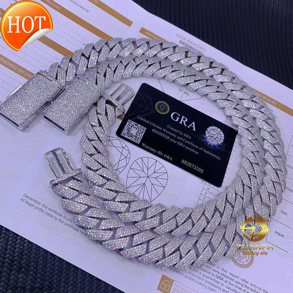 Necklace moissanite chain cuban link chain for men pendant 20mm pass diamond tester jewelry Silver 925 w20mm 3row necklace VVS moissanite iced out