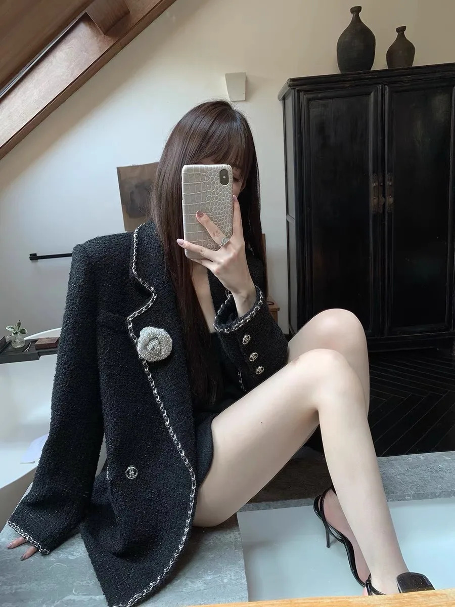 IRENE TINNIE Black Small Fragrance Jacket Women Coat Tweed Woven Overwear Casual Suit Jackets Female Spring School Style Top 240307