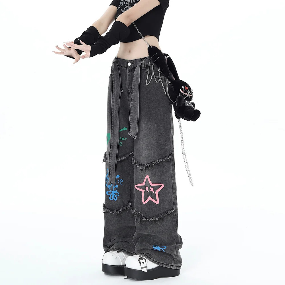 American Retro Graffiti Womens Jeans Autumn Winter Casual Star for Women Patchwork High Waist Y2K Pants with Belt 240307