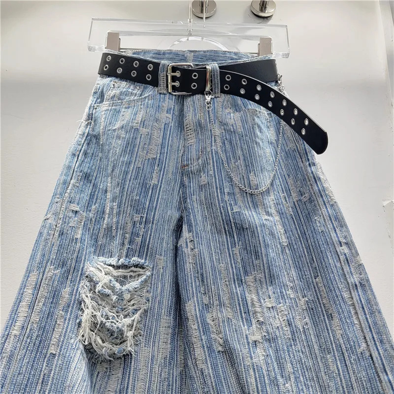 Striped Ripped Jeans for Women Spring Autumn Washedout StraightLeg Pants Denim High Waisted Vintage Clothes 240307