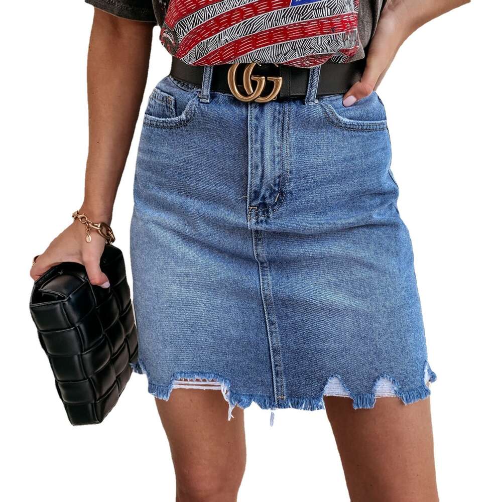 2024 Summer New Denim Short Skirt Casual Bag Hip Wash Plush Edge Perforated Women