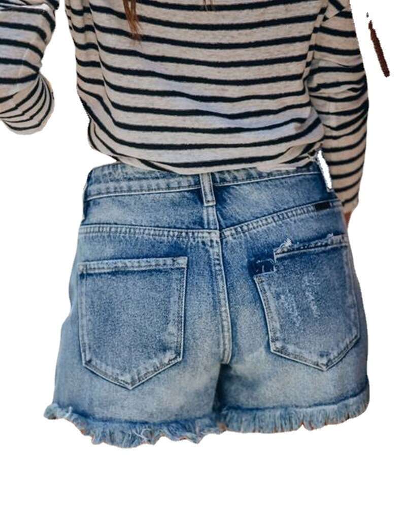 2024 Summer Loose Button Hole Tassel Jeans Shorts Hot Pants Women's Wear