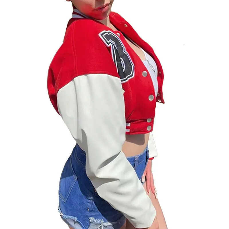 Women Loose Baseball Jackets Leather Long Sleeve Letter Embroidery Cropped Jackets 240229