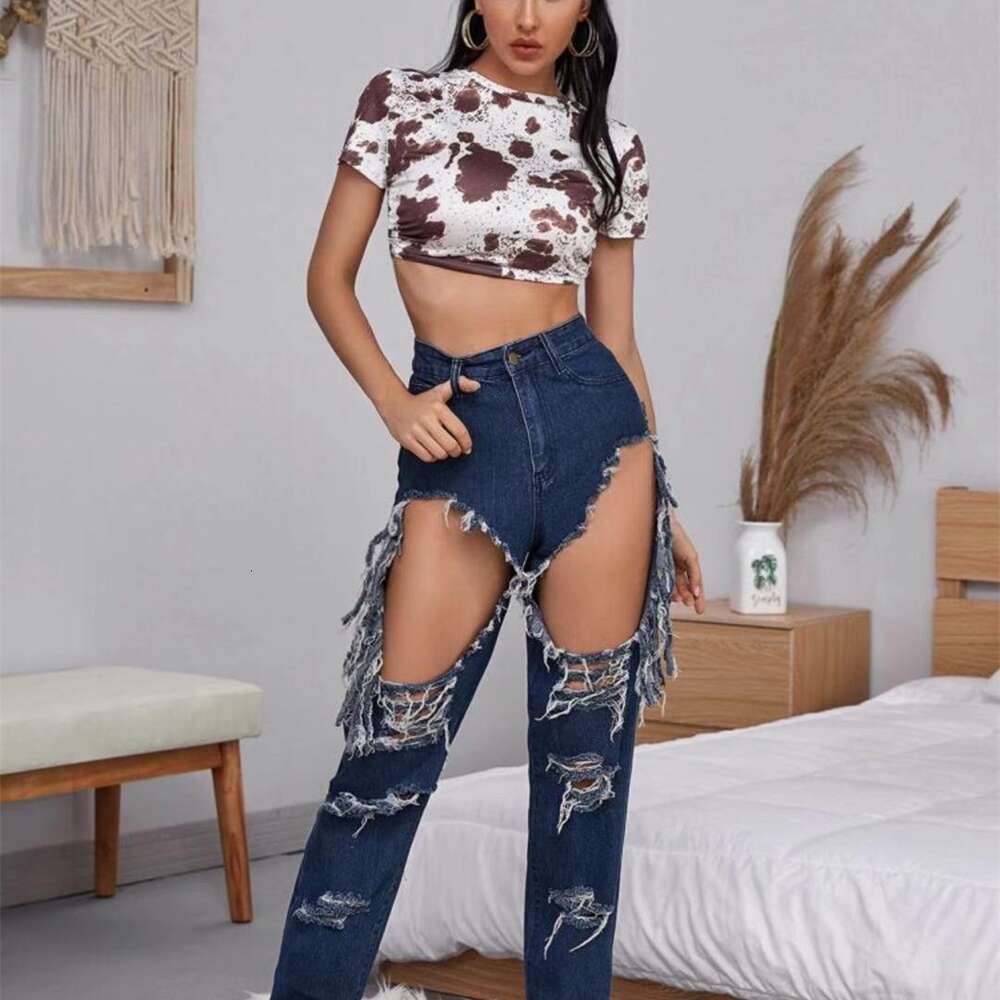 2024 New Hot Selling Women's Wear Casual Big Hole Tassel Denim Pants Children