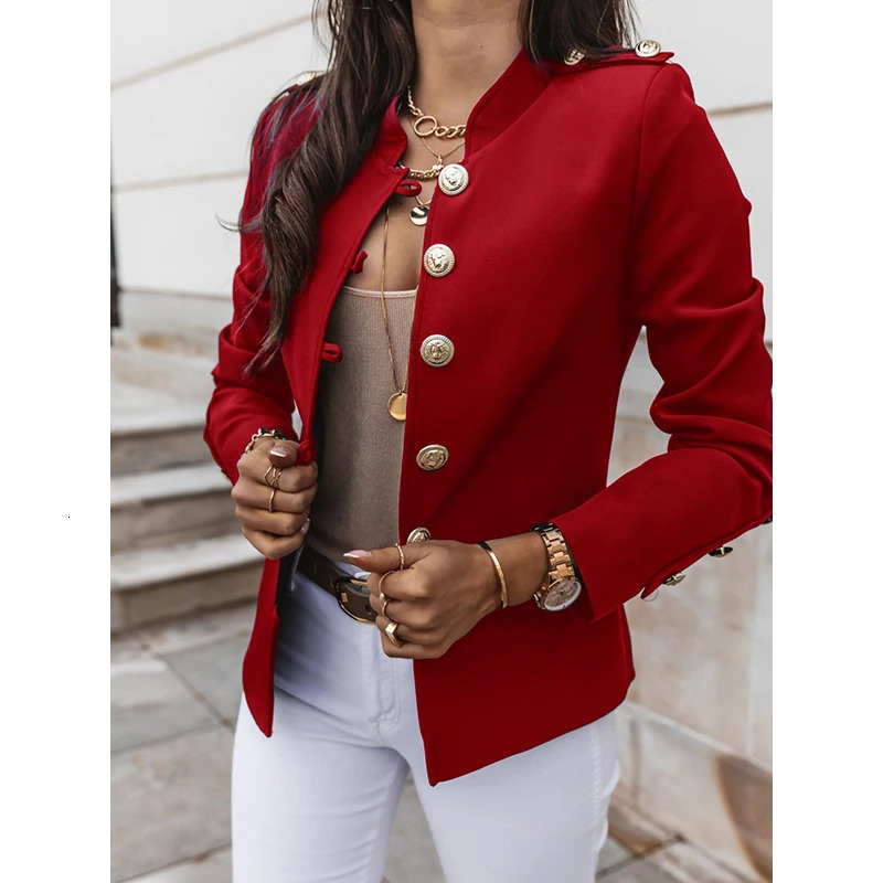 Vintage Blazer Women Office Jacket Streetwear Autumn Button Solid Color Elegant Long Sleeved Slim Breasted Small Blazer Outwear 240306
