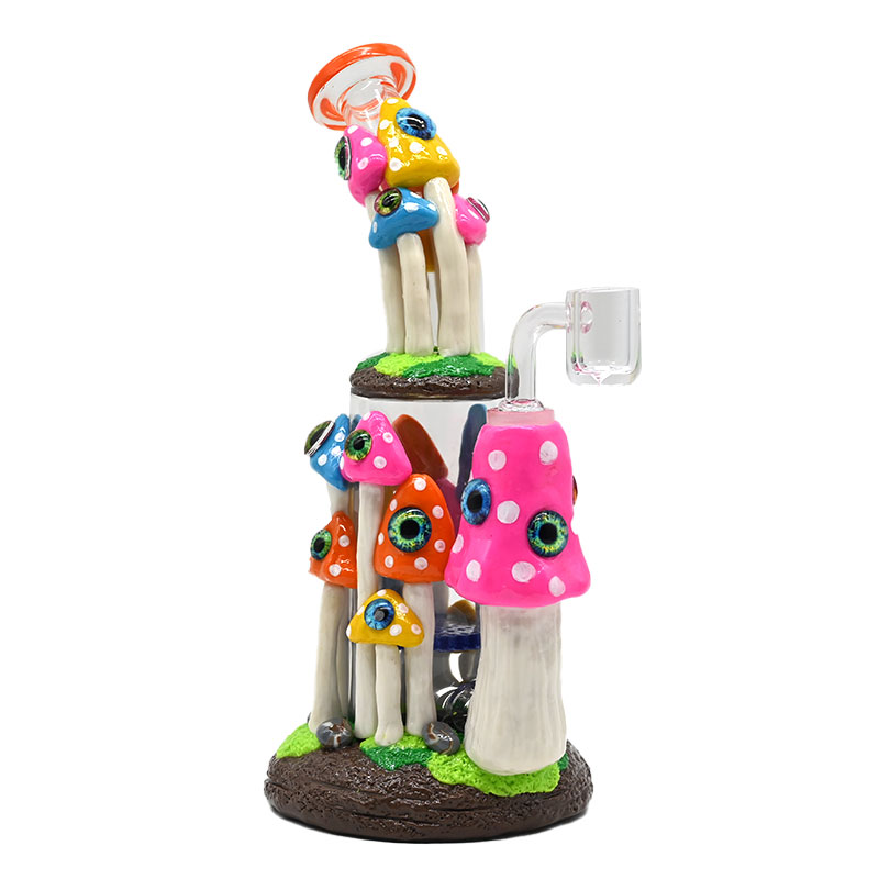 9.4in,Glass Bubbler With Fixed Diffuser Downstem Water Pipe Bongs,Colorful Polymer Clay Mushrooms Evil Eyes Smoking Item,Evil Eyes With Glow In Dark