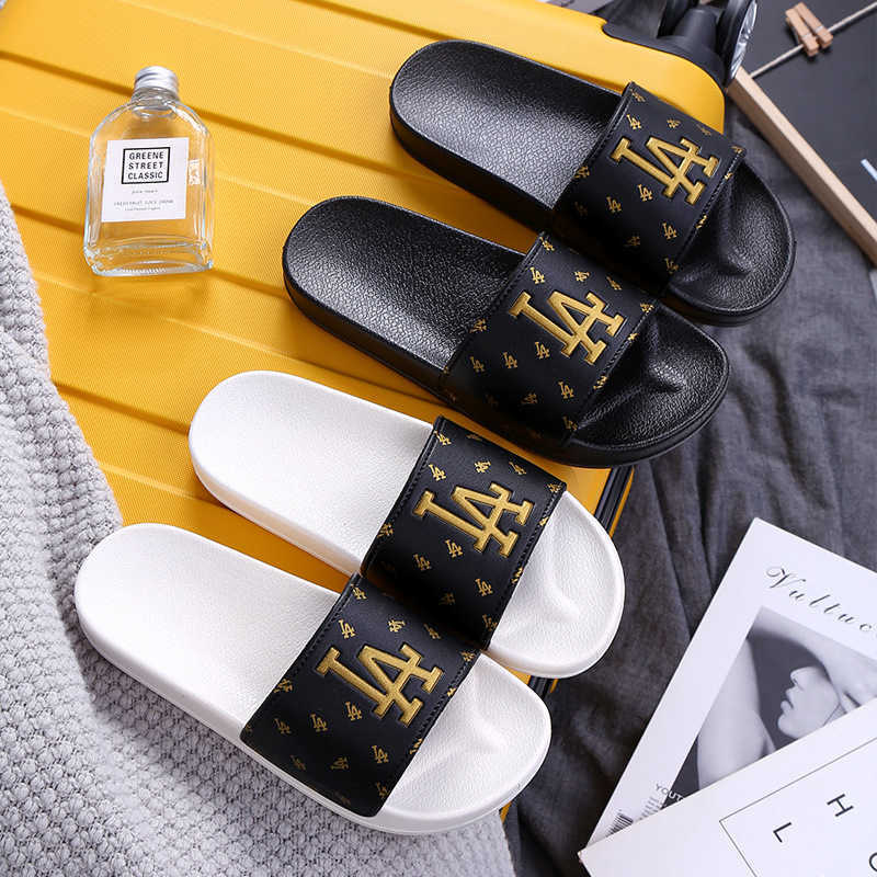 Slippers Slippers for women in summer household flat bottomed slippers for outdoor wear fashionable internet celebrity letters for couples one word sl