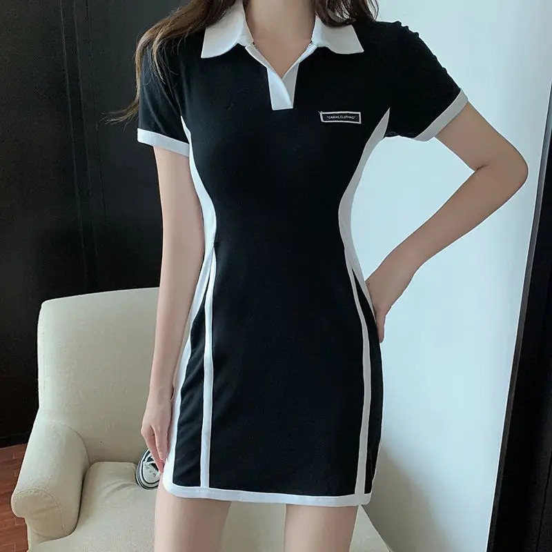 Summer Women Contrast Color Patchwork Polo Collar Bodycon Y2K Mini Dress Trendy Appliques Short Sleeve Sport Casual Dresses Ropa 240311