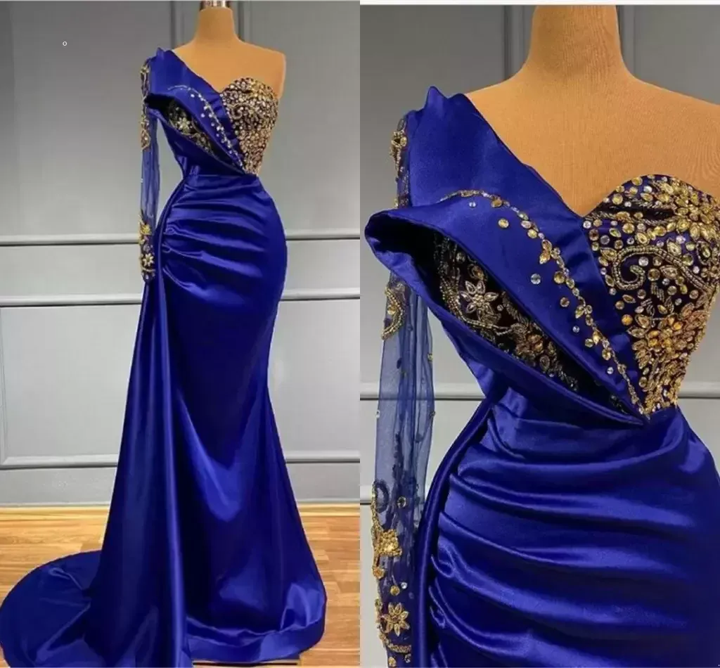 Royal Blue Evening Dresses With Gold Beads Crystals Vintage One Shoulder Sleeve Pleats Satin Long Prom Party Gowns Formal Arabic Vestidos