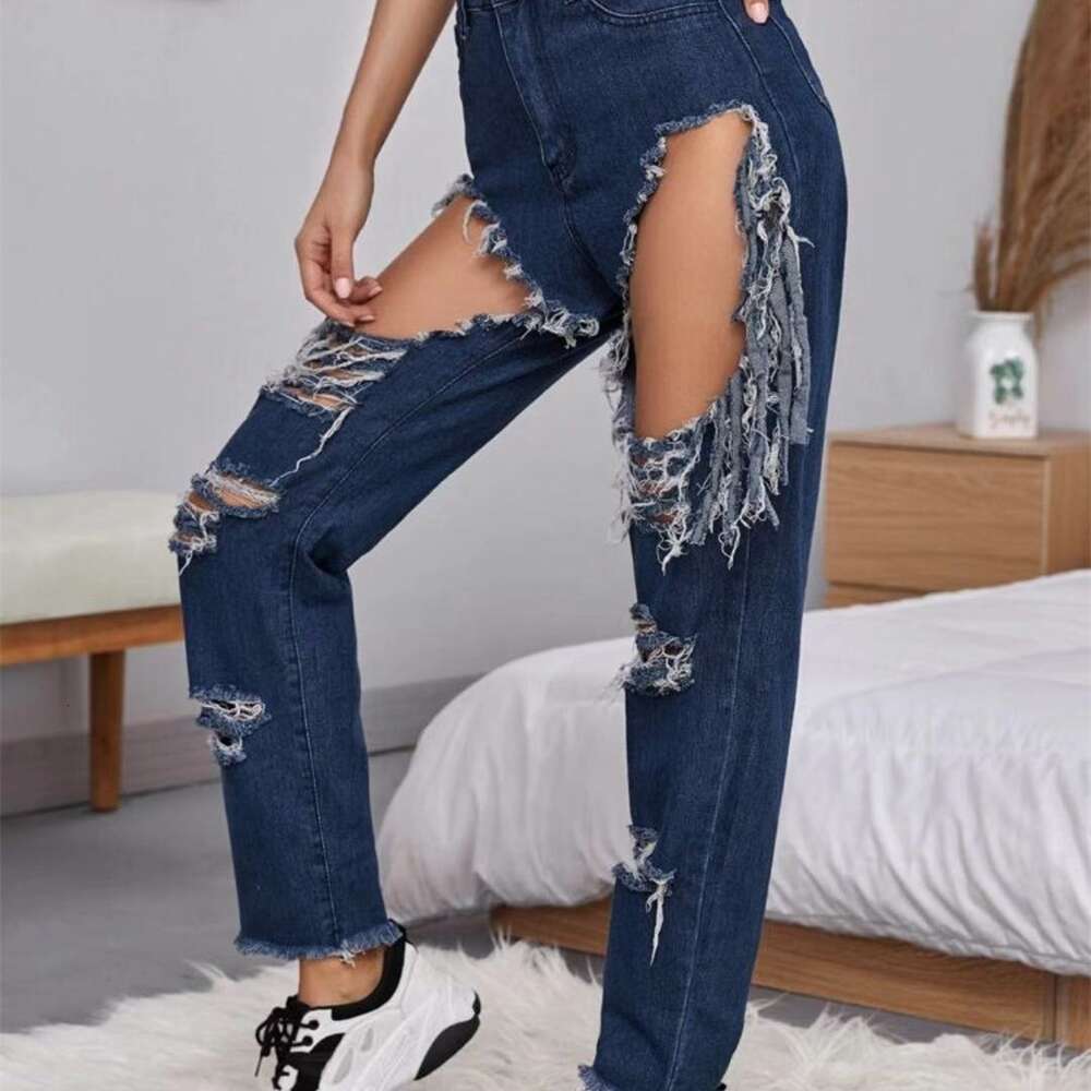 2024 New Hot Selling Women's Wear Casual Big Hole Tassel Denim Pants Children