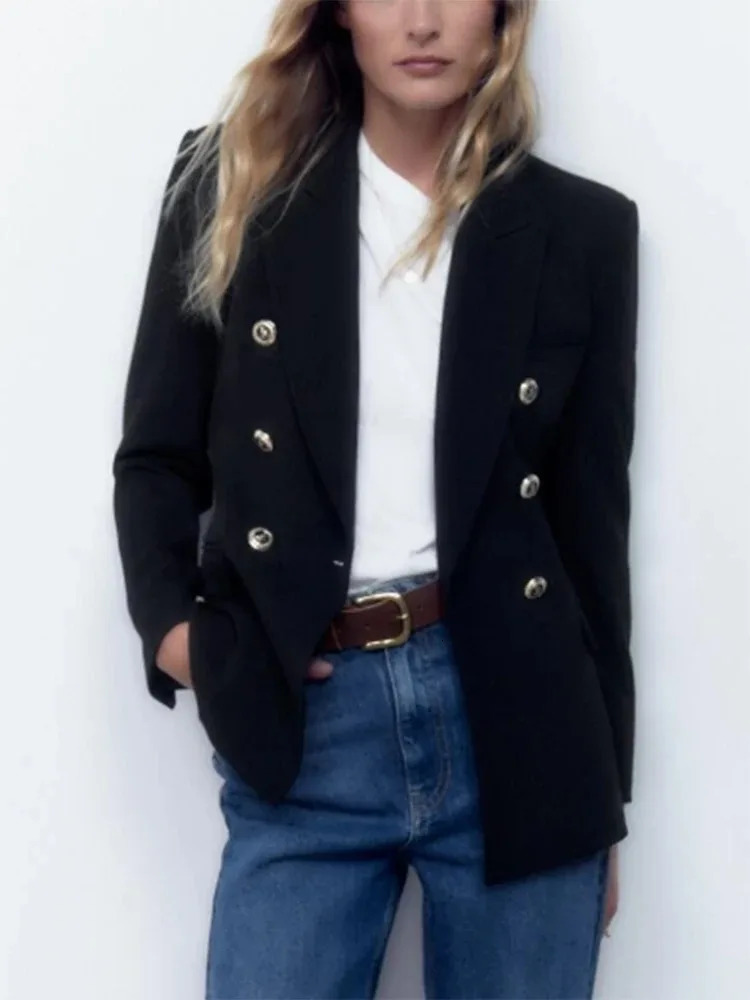 TRAF Womens Fashion V-Neck Blazer Long Sleeve Gold Button Slim Jacket Street Style Elegant Blazer Womens Casual Office Blazer 240229