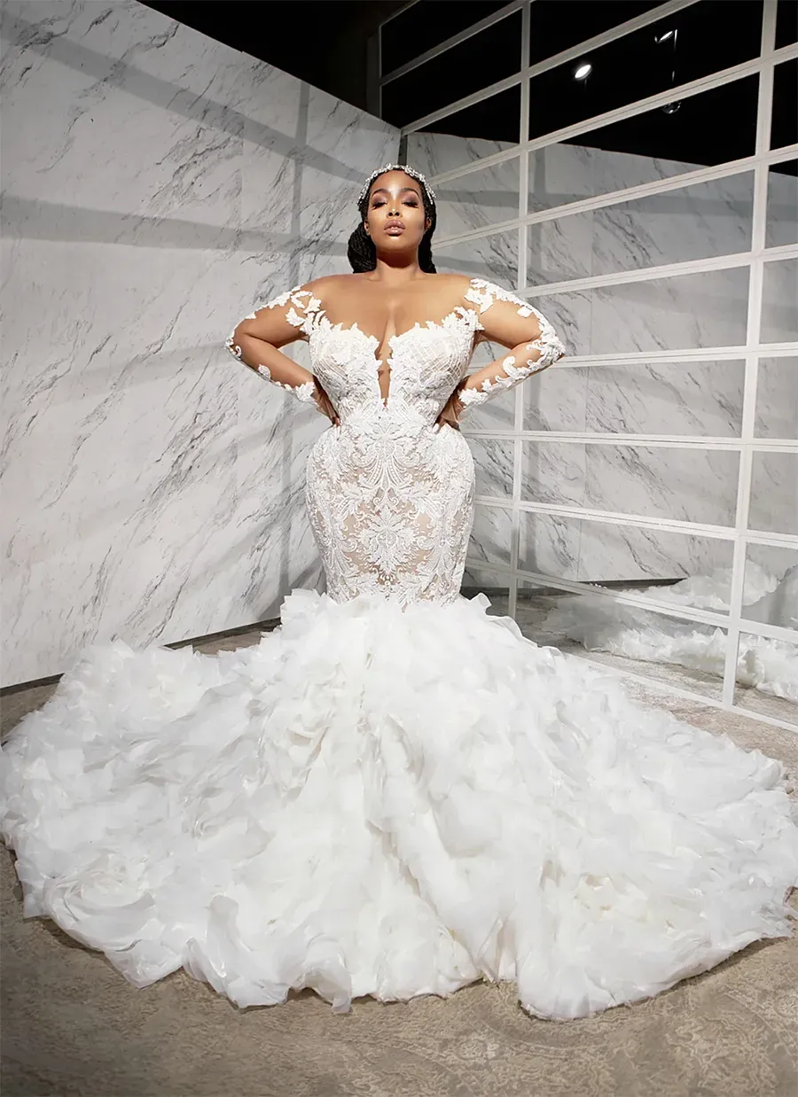 Wedding Dresses Mermaid With Detachable Train African Lace V Neck Long Seleeve Country Garden Boho Bridal Gowns Off The Shoulder