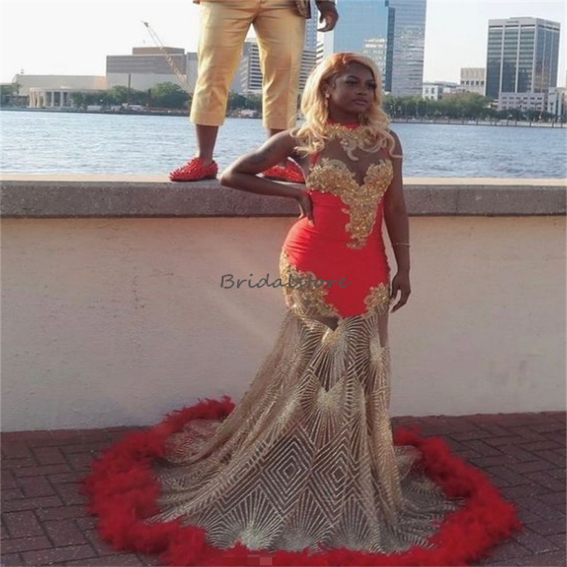 Luxury Feather Prom Dresses With Gold Appliques Gorgeous Black Girls Mermaid Evening Gowns Sparkly Sequin Engagement Formal Birthday Dress 2024 vestid