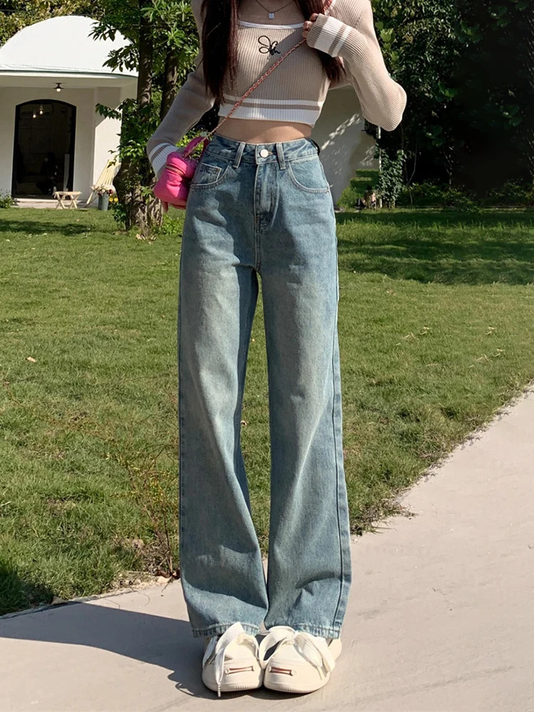 Blue Jeans Women Denim Pants High Waisted Wide Leg Chic Streetwear Trousers Y2k Korean Fashion Vintage Straight 240307