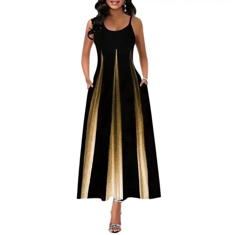 Casual Dresses Print Long Dress Elegant Maxi With Pockets Womens Sleeveless A-line Summer Round Neck Backless Ankle Length