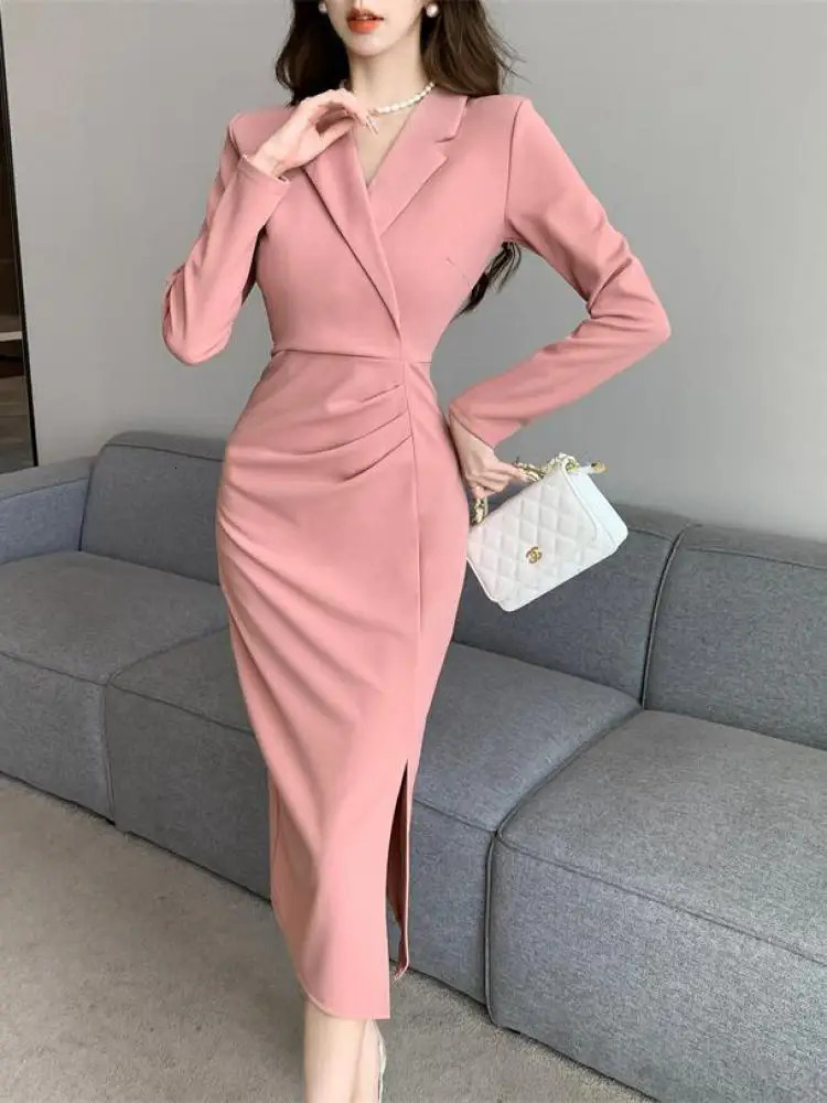 Solid Long Sleeve Elegant Dres Clothing Wedding Guest Year Women Fashion High Waist Slim Evening Party Dresses 240313