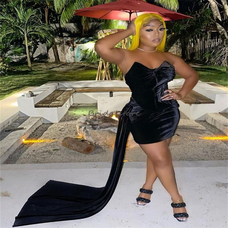 Sexy Black Velvet Short Prom Dress With Train Charming Sweetheart Mini Cocktail Party Dress Chic Black Girls Formal Club Dresses Elegant Women Vestios