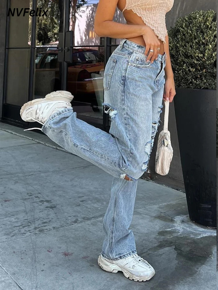 Ripped Jeans Women 90s Vintage Straight High Waist Loose Denim Trousers Y2k Clothing Baggy Pants Slim Streetwear Clothes 240307