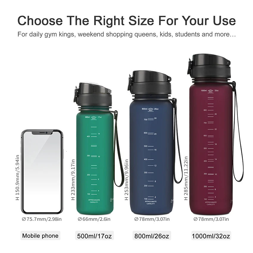 5008001000ml Sports Water Bottle BPA Free Portable Leakproof Shaker bottle Plastic Drinkware Tour Gym items 240314