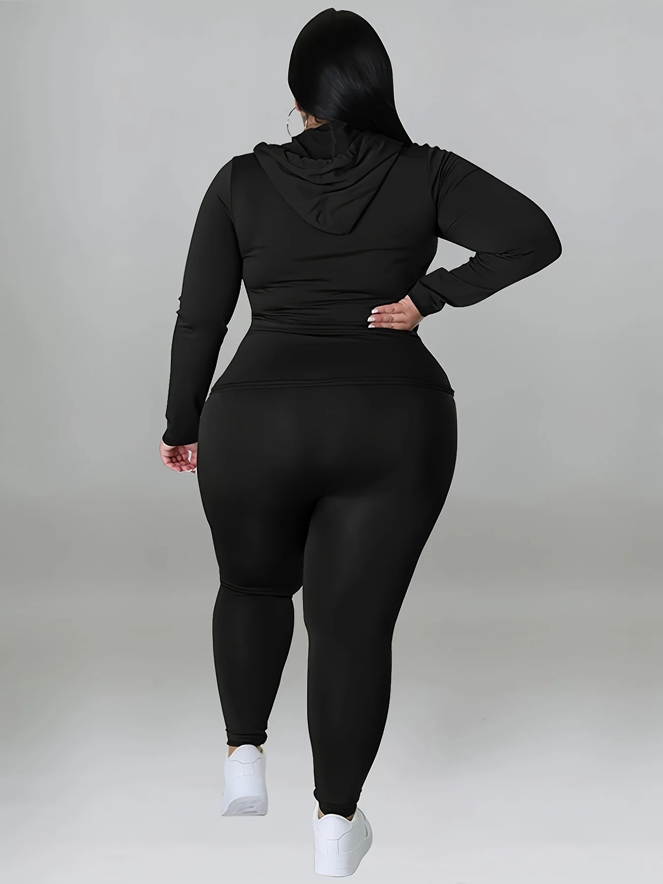 Plus Size Womens Spring Sports Hooded Solid Color Long Sleeved Top Pants 2pcs Set 240307