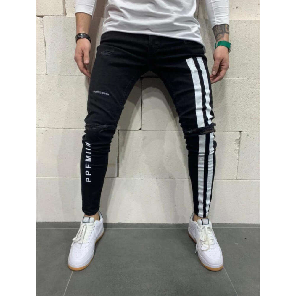 2024 Men's Distressed Elastic Small Leg with Printed Jeans for Men's New Styles