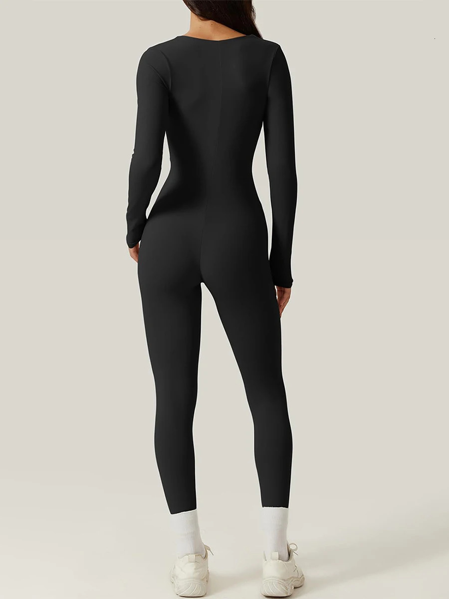 Women Square Neck Long Sleeve Jumpsuit Full Length Leggings Bodycon Romper Workout Yoga Playsuit Bodysuit 240307