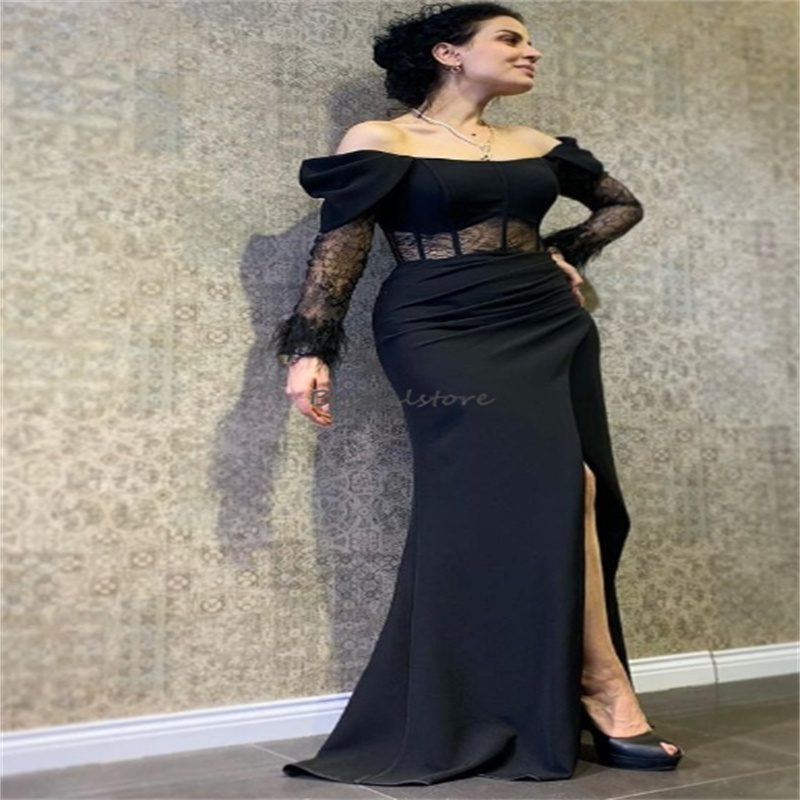 Fitted Black Prom Dress With Slit Off Shoulders Long Sleeve Satin Mermaid Evening Dresses Elegant Dinner Formal Dance Party Dress 2024 Special Occasio