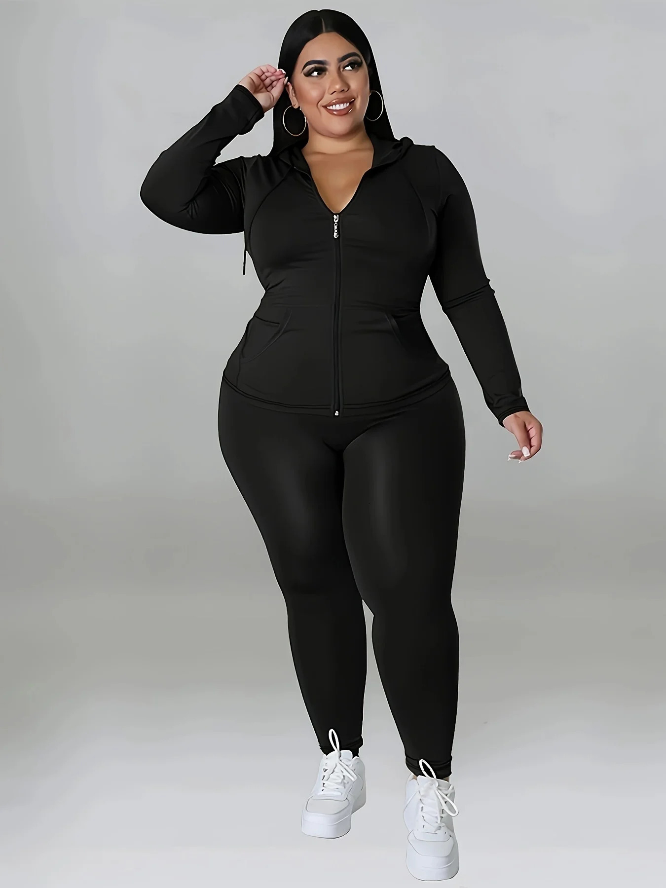 Plus Size Womens Spring Sports Hooded Solid Color Long Sleeved Top Pants 2pcs Set 240307