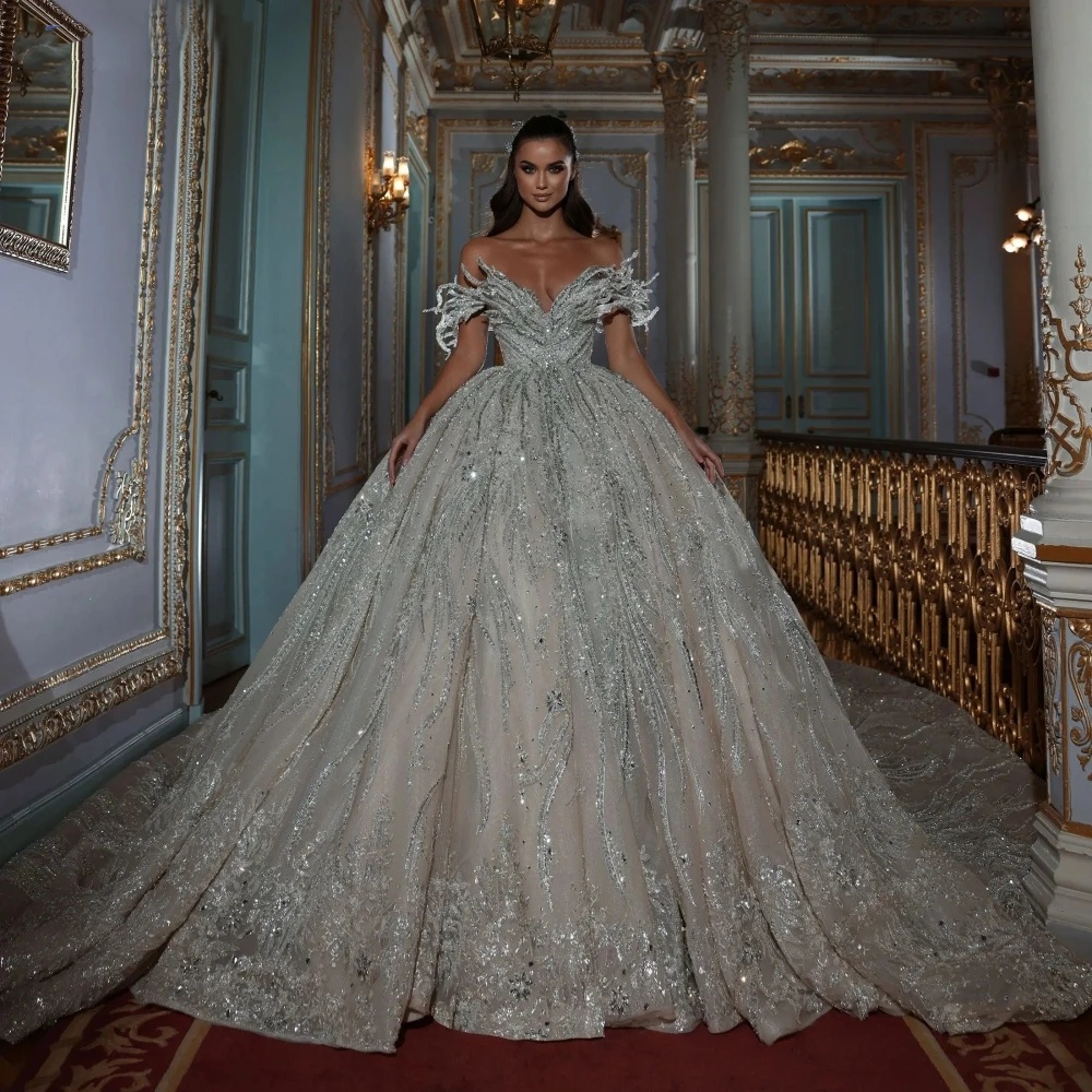 Shoulder Gorgeous Off Wedding Dresses Sequins Beaded Bridal Gowns Custom Made Crystal Appliques Ball Gown Vestido De Novia