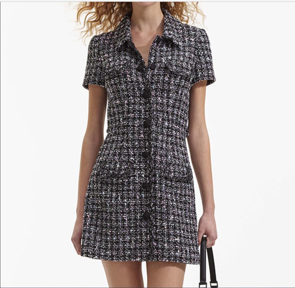 2024 Spring/Summer s - Self Port/rait-p Thousand Small Polo Collar Checkered Waist Waist Open Back Short Sleeve Single breasted Tweed Short Skirt