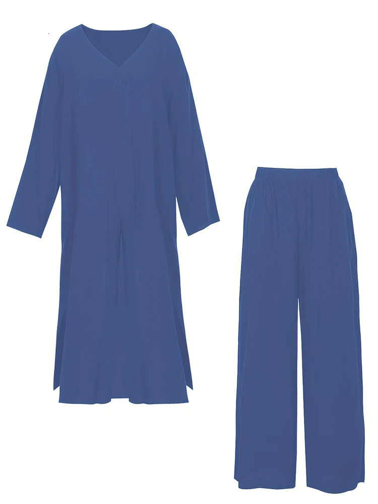 Plus Size Womens 2023 Fall Two Piece Outfits Long Sleeve V Neck Shirts Wide Leg Pants Casual Cotton Linen Tracksuits Sets 240307