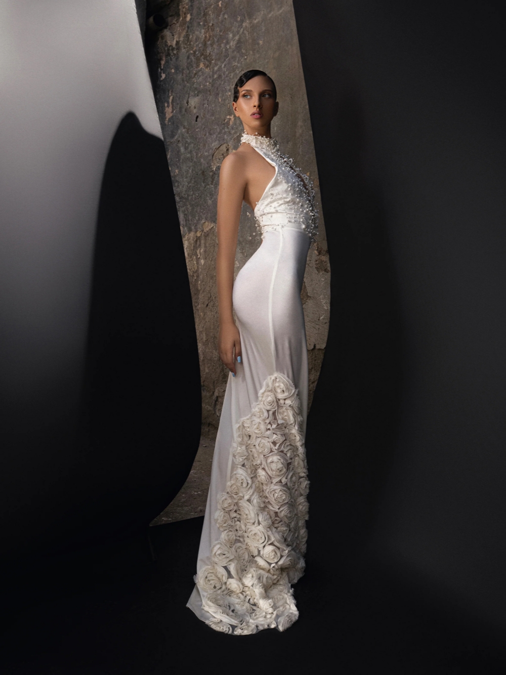 Pearls Mermaid Exquisite Wedding Dresses For Bridal Halter 3D Flower Train Vestidos De Novia Keyhole Backless Bride Robe De Mariage