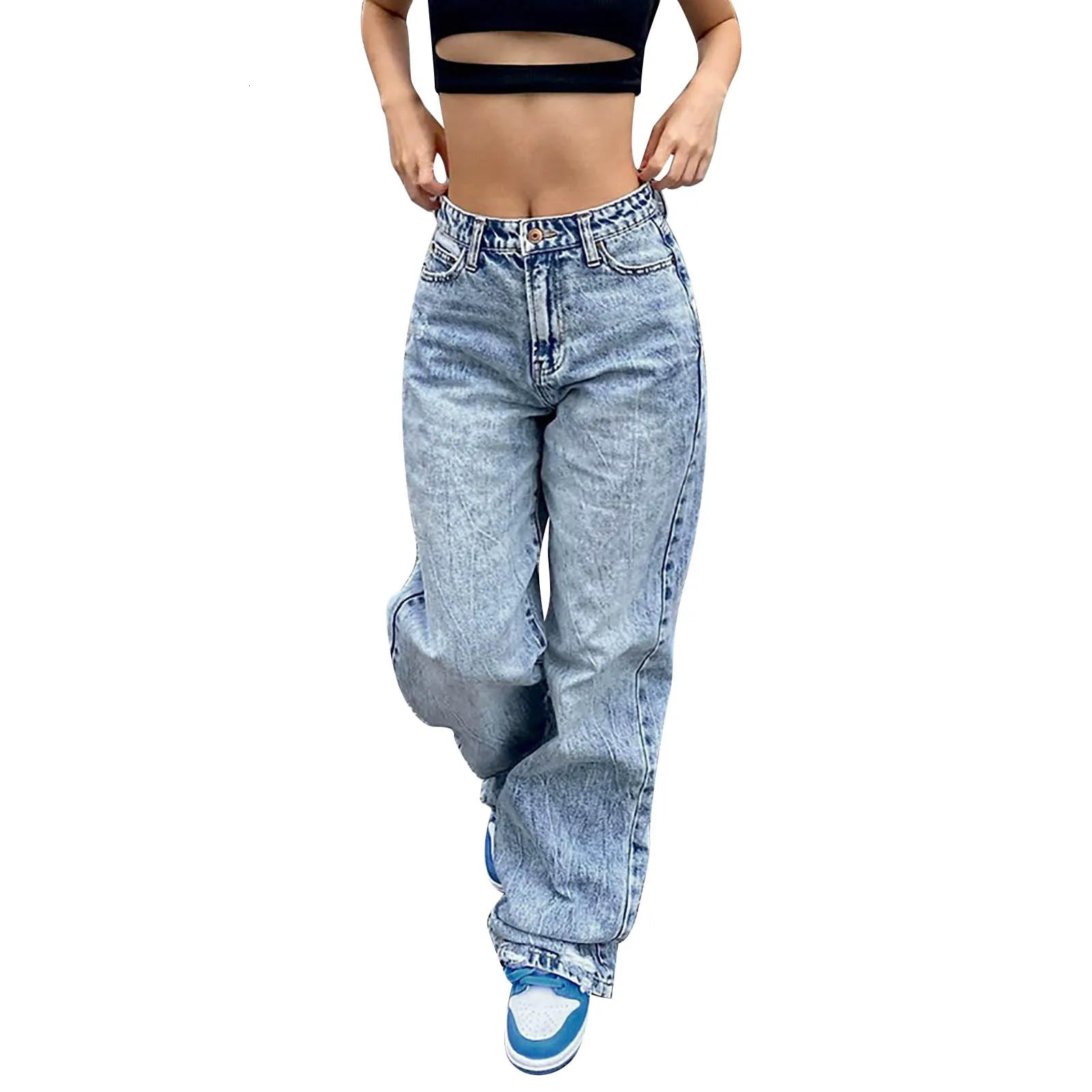 Low Rise Jeans Womens Autumn Fashion Straight Leg Pants Denim Trousers Blue Vintage Mom Loose Waist Jean 240307