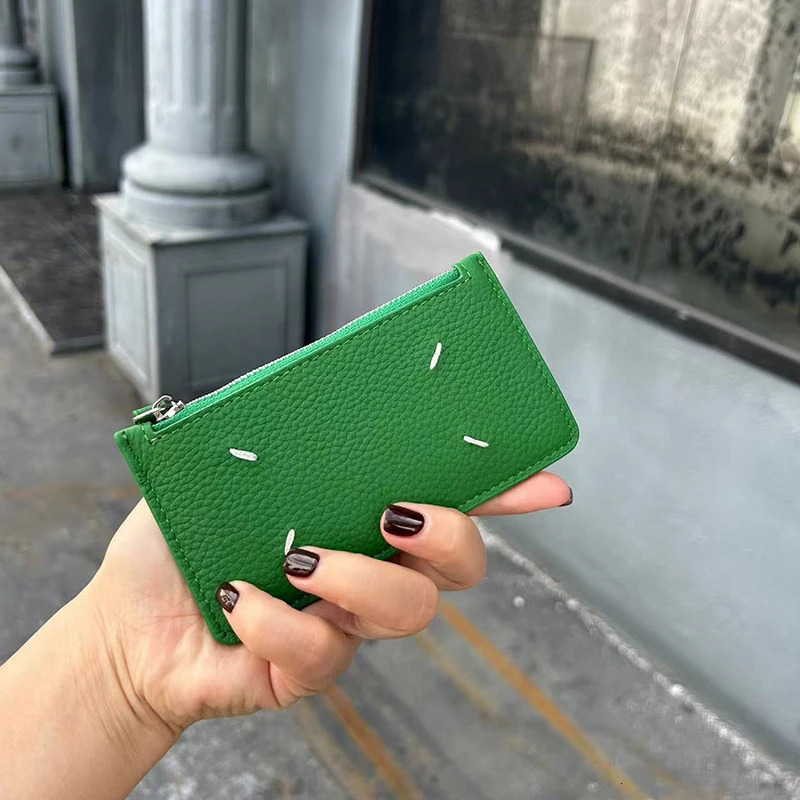 MM Top Layer Cowhide Lychee Patterned Multi Card Slot Zero Wallet For Men and Women Simple Four Corner Sewing mini Card Holder 240229