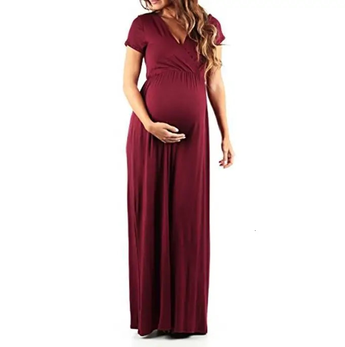 Pregnant Long Dres Casual Short Sleeve V Neck Evening Party Maxi Maternal Pregnancy Dresses 240301
