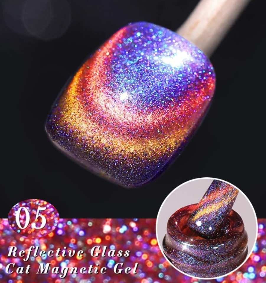 Golden Sunset Sparkle: Reflective Glass Cat Magnetic Gel Nail Polish, Luminous Glitter Effect, UV/LED Soak-Off Formula