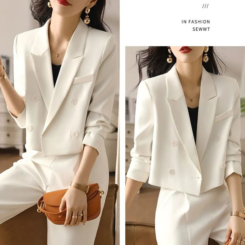 Lucyever Black Cropped Blazers for Women Korean Fashion Double-Breasted Office Suit Coat Ladies Vintage Long Sleeve Outerwear 240306