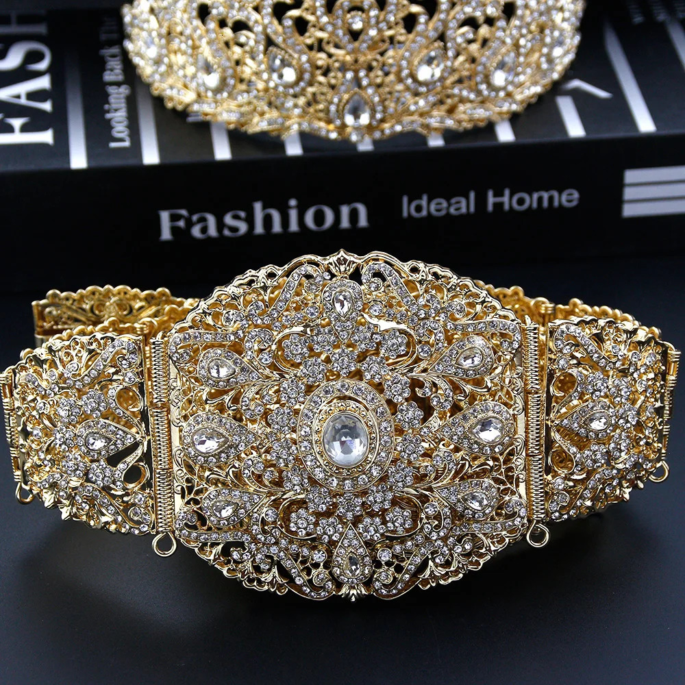Sunspicems Gold Color Algeria Morocco Belt Crown Bride Wedding Jewelry Arab Women Body Chain Tiaras Caftan Bijoux 240311