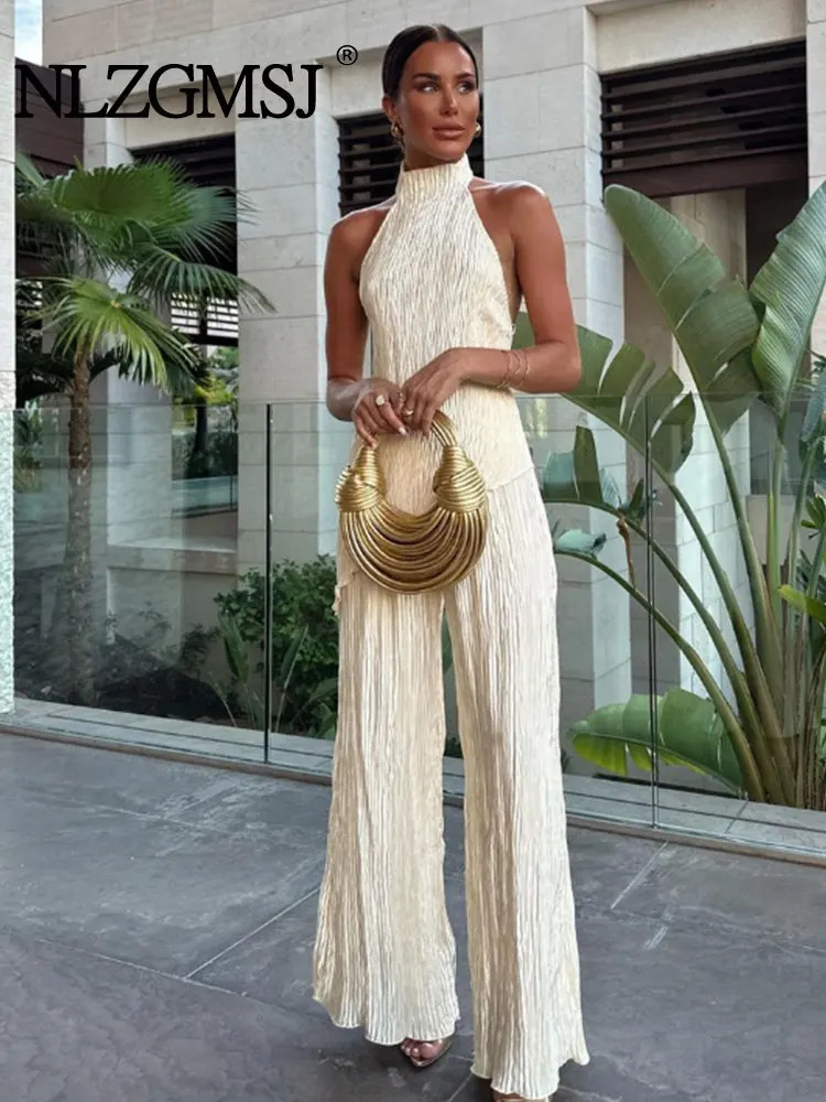 TRAF 2023 Women 2 Pieces Sets Fashion Asymmetric Halter Top Suit Casual Ruched Long Pants Set Womens Outfits 240315