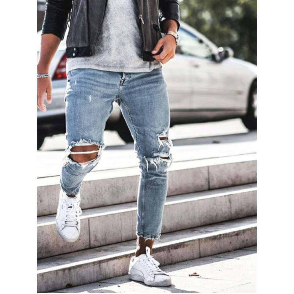 High Quality Men's Distressed Small Foot Elastic with Torn Tight Fitting Jeans for Men