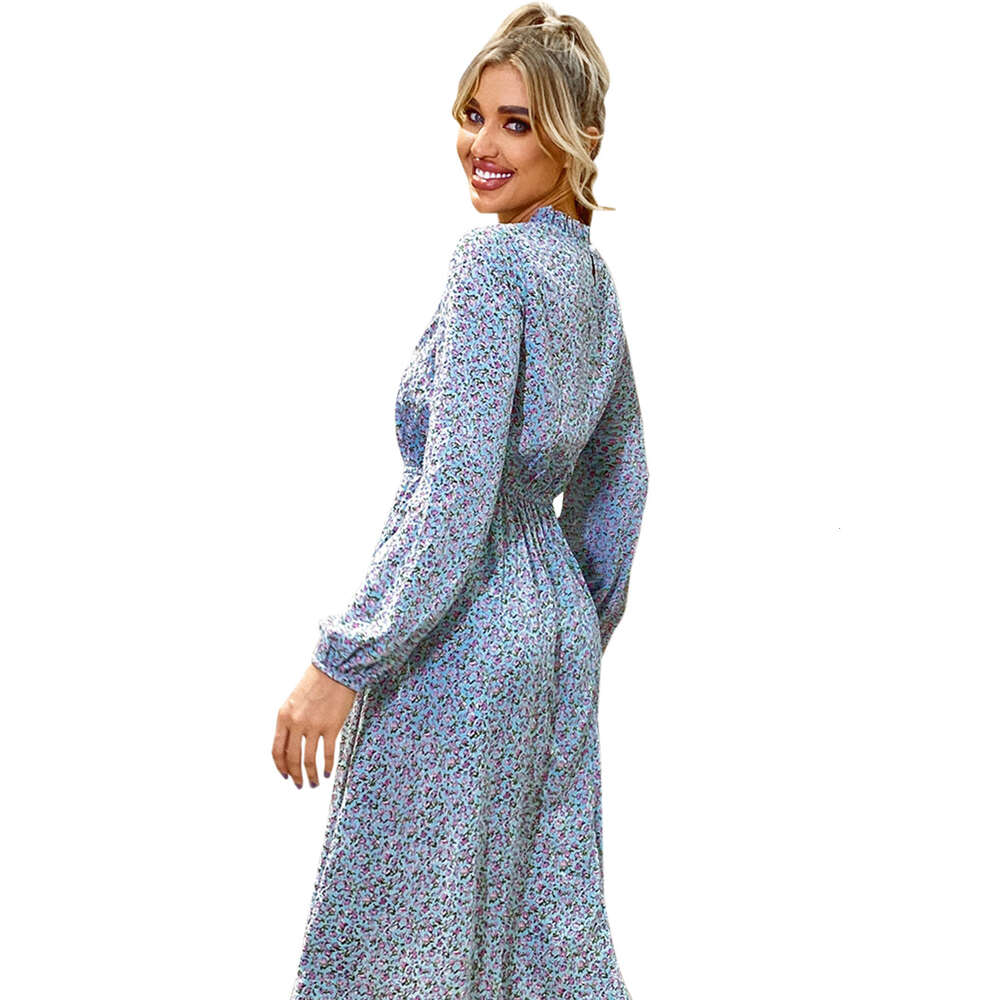 Women's Semi High Neck Waist Elastic Fashionable Floral Sweet Long Commuting Dress