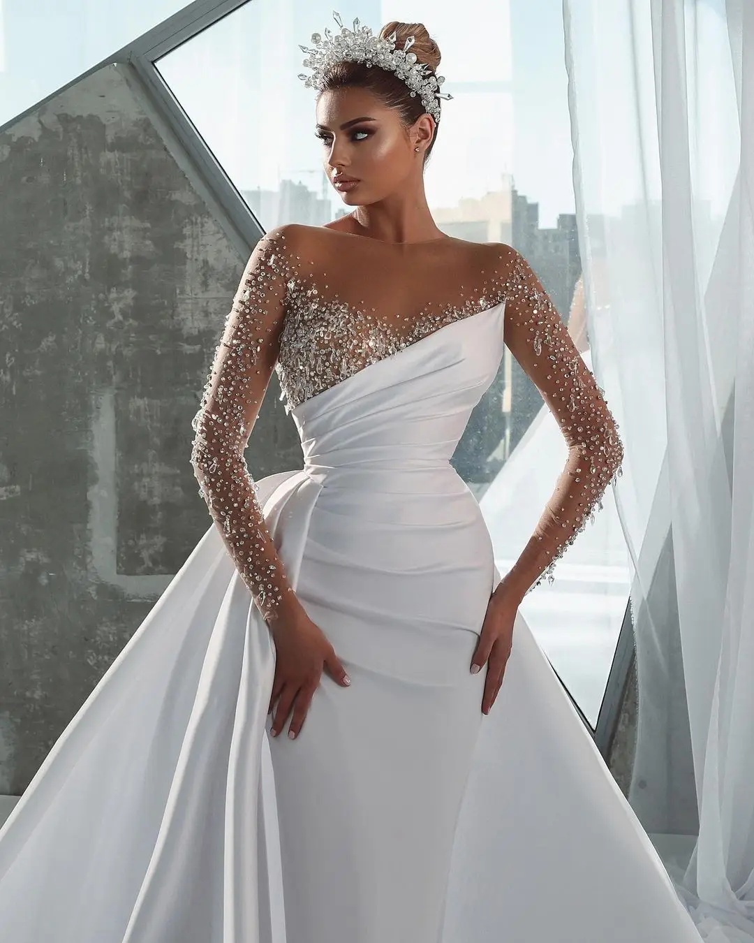 Modest Mermaid Bridal Gowns Sheer Neck Jewel Wedding Dress Illusion Custom Made Crystals Beading With Train Vestido De Novia 0219