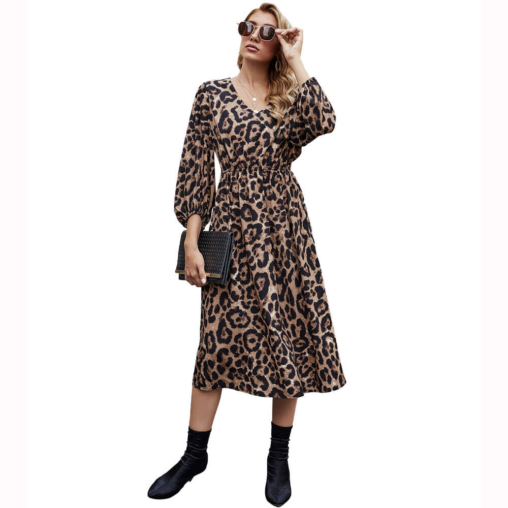 Women's Fashion INS V-neck Leopard Print Long Sleeved Dress