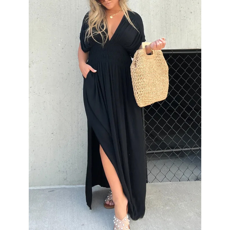 Women Loose Casual Dresses Sexy V Neck Ruched Dress Formal Dress Short Sleeve Elastic Waist Side Slit Maxi Dress
