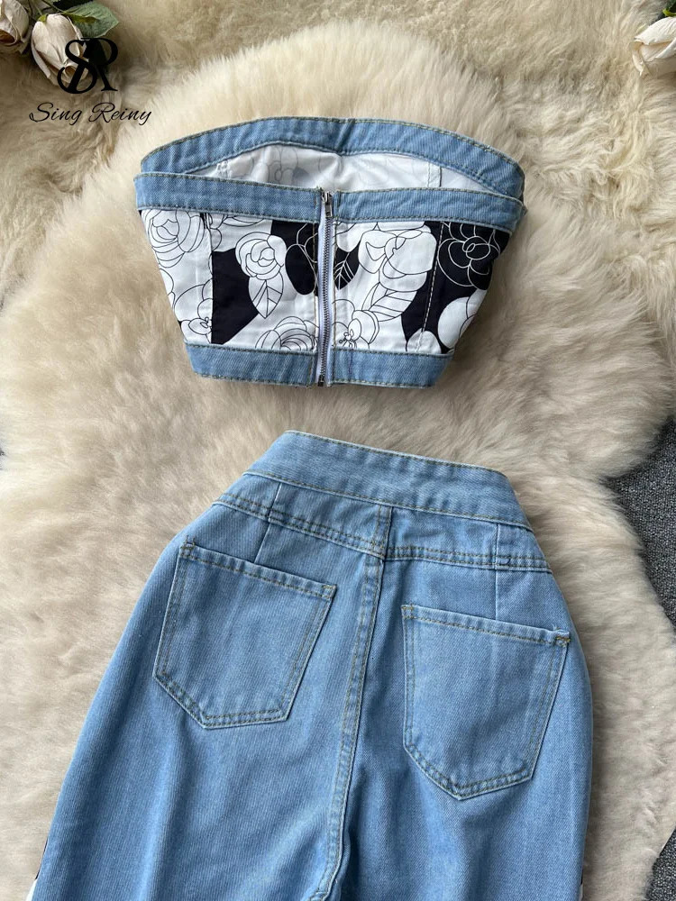SINGREINY Women sweet Two Pieces Denim Suits Strapless Mini Zipper TopWide Legs Long Pants Painting Fashion Y2K Sexy Sets 240326