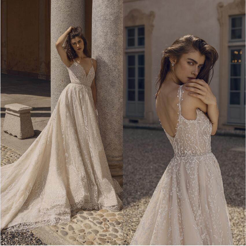 Summer Spaghetti Wedding Dresses A Line Lace Appliques Bridal Gowns Beach Backless Custom Made Bride Dress