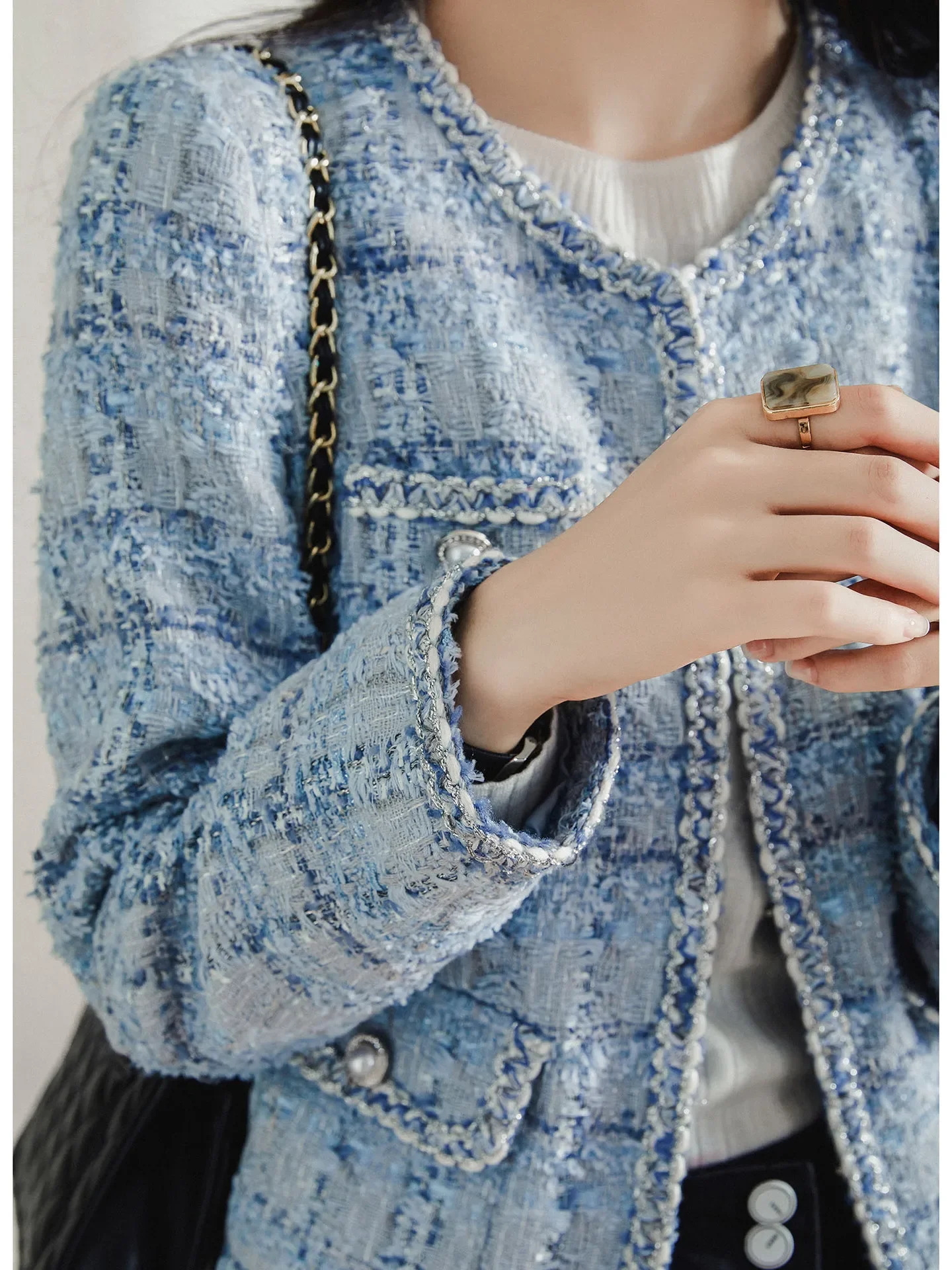 Tweed Jacket Spring Autumn Womens Classic Ladies Runway Plaid Blue Loose Coat ONeck 240307
