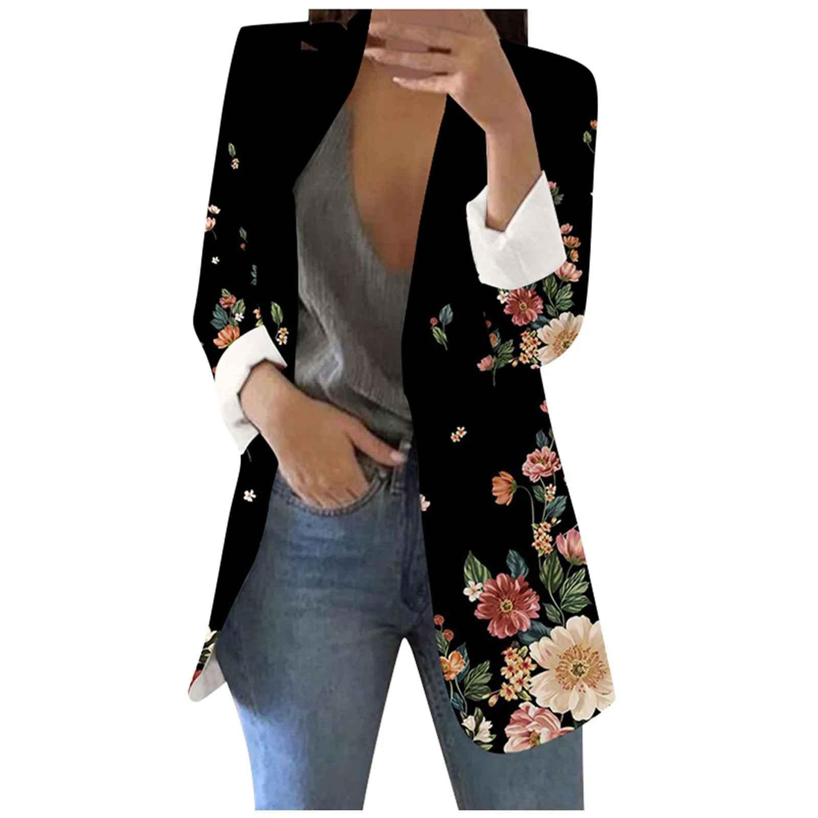 WomenS Coat For Autumn Fashion Colorful Short Suit Casual Printed Suit Long Sleeve Loose Comfortable Cotton Cardigan Coat 240306